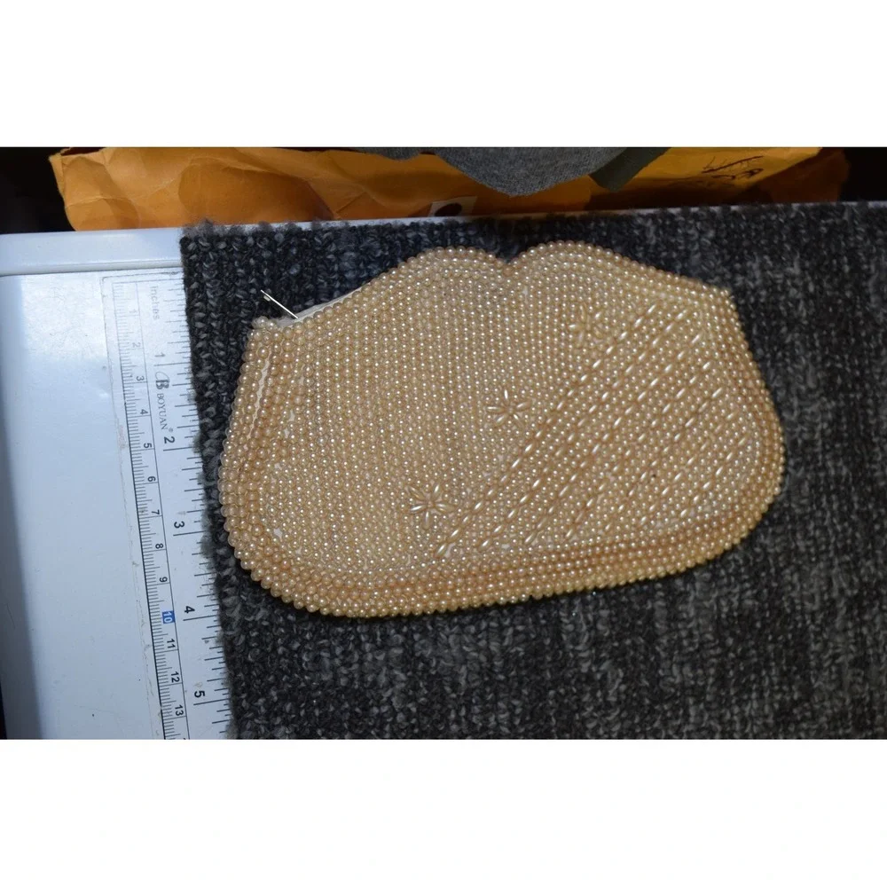 Vtg 1960's Miranda Beaded Hand Clutch Purse Beige Tan Formal Party Evening Bag